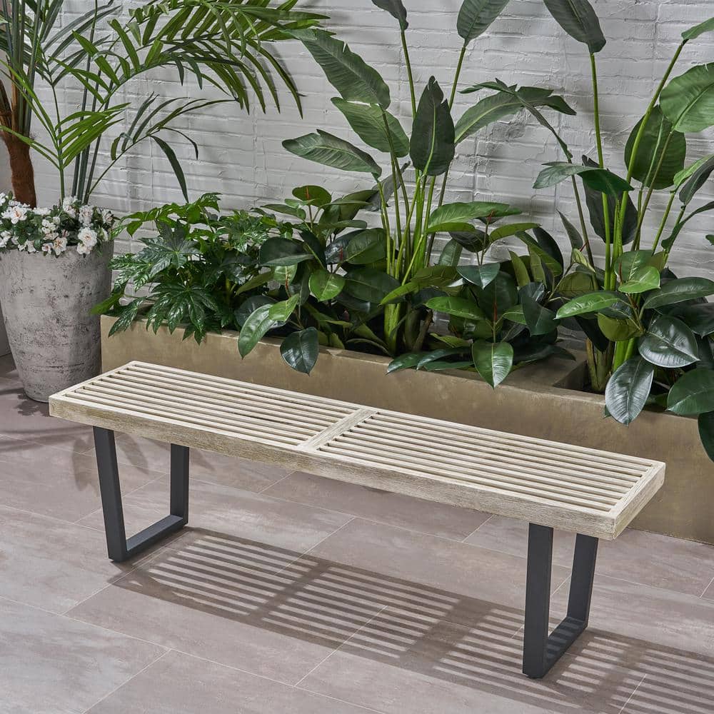 Fresno 61.75'' Brushed Light Gray and Black Iron Outdoor Dining Bench