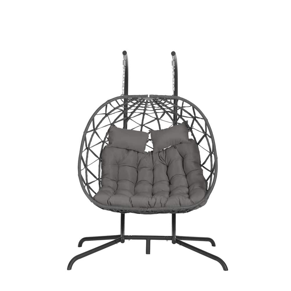 Hanging Outdoor Double Dark Gray Wicker Rattan Porch Swing Egg Chair with D