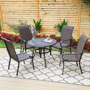 Black 5-Piece Metal Patio Outdoor Dining Set with Slat Round Table and Brown Rattan High Back Arm Chairs