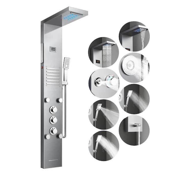 47 in. 6-Jet LED Rainfall, Waterfall Modesand Shower Panel System with Massage Modes Handheld Shower in Brushed Nickel