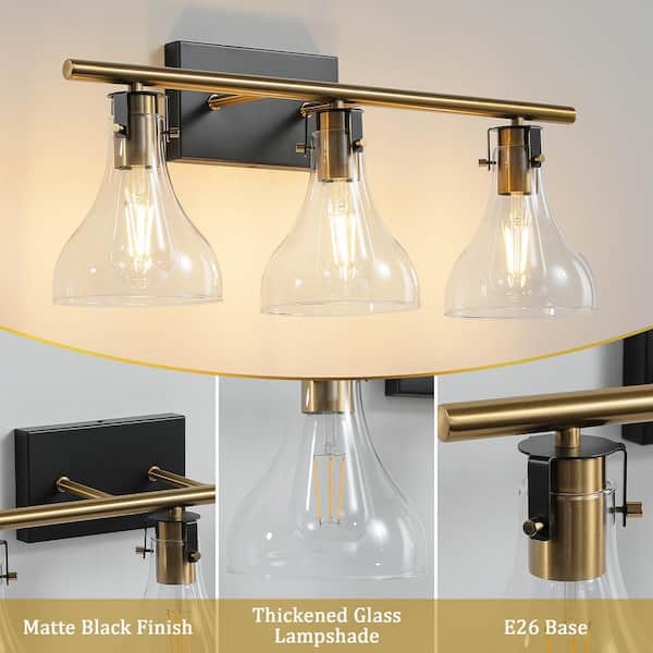 KAISITE 23.4 in. 3-Light Black and Gold Vanity Light with
