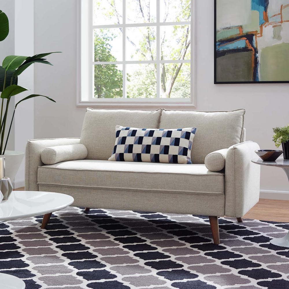 Beige Fabric Loveseat with Walnut Wood Legs