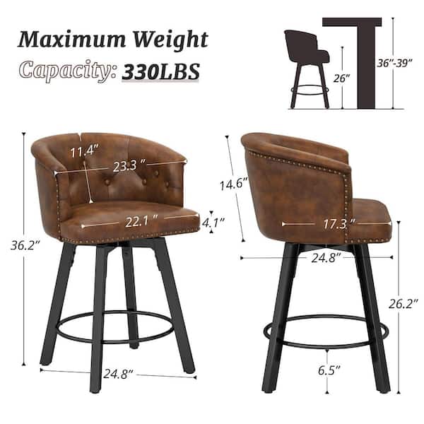 36.2 in QUIN Brown Faux Leather High-Back Upholstered Counter Height Swivel Bar stool Bar Chair with Metal Base Set of 4