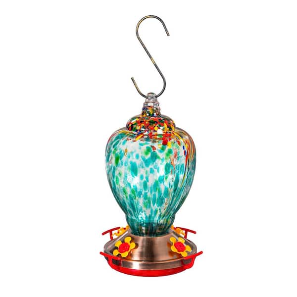 Evergreen Blue Art Glass Hummingbird Feeder