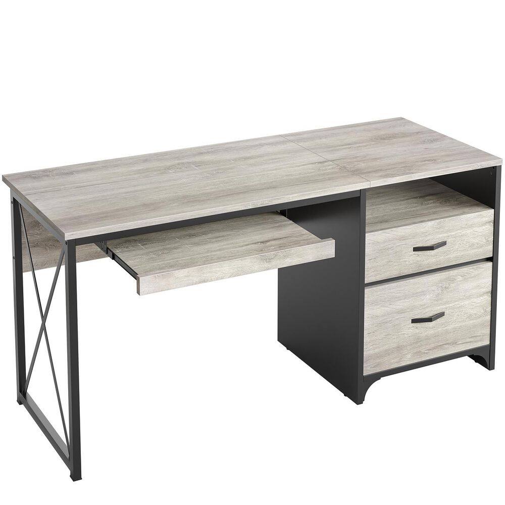 48 in. Rectangular Wash Grey Office Desk with Storage Cabinet，Keyboard Tray and Open Shelf