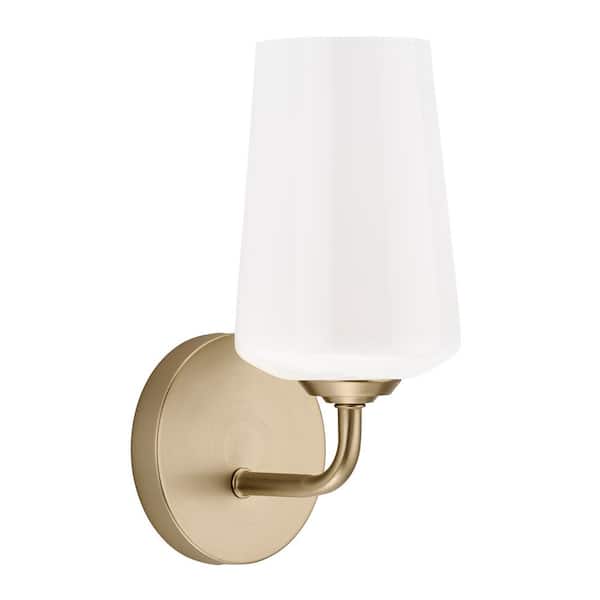 Celino 5 in. 1-Light Champagne Bronze Bathroom Wall Sconce Light with White Glass Shade