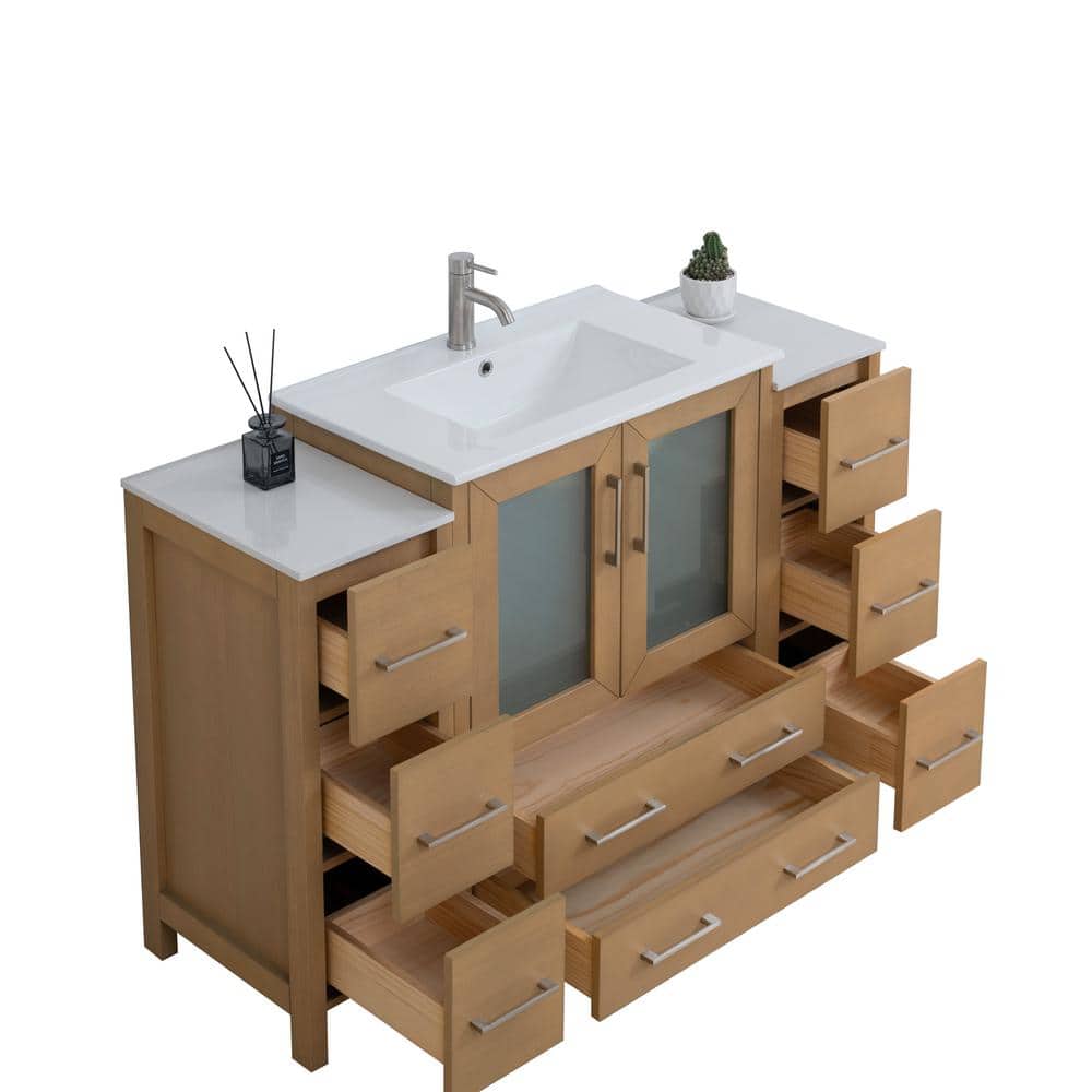 Natural Oak and White Ceramic 54" Single Bathroom Vanity with Mirror