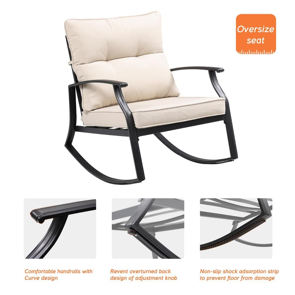 Unbranded Serga 3-Piece Metal Patio Rocking Chair Outdoor Bistro Set with Beige Cushion - 2