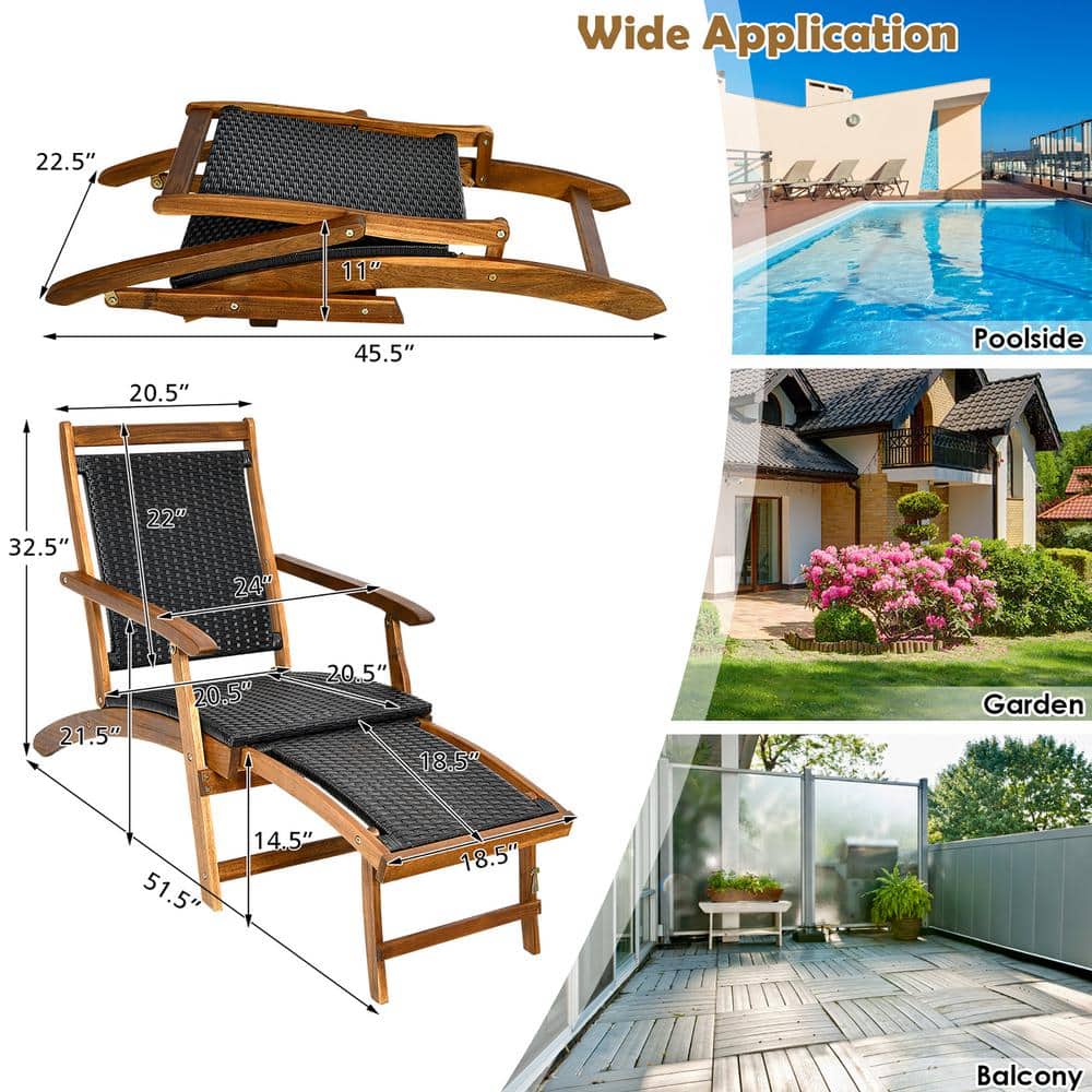 Brown Acacia Wood and Black Rattan Folding Chaise Lounge Chair