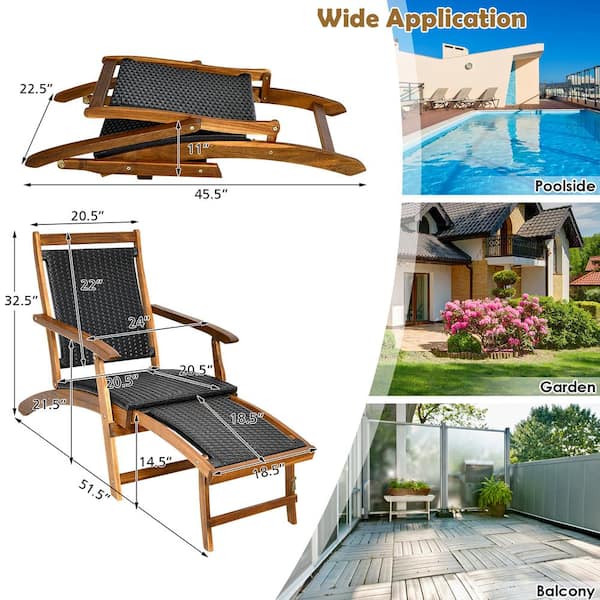 Costway Patio Folding Rattan Lounge Chair Wooden Frame with Costway Patio Folding Rattan Lounge Chair Wooden Frame with