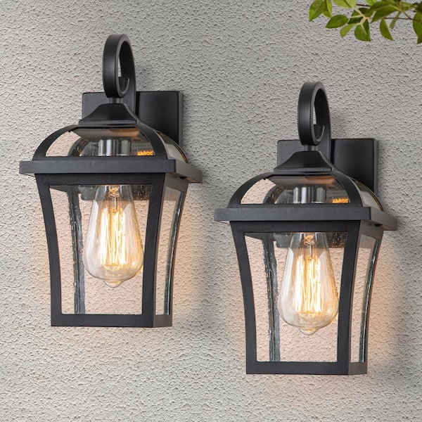 C Cattleya Matte Black Outdoor Hardwired Wall Lantern Sconces with Clear Seeded Glass, No Bulbs Included (2-pack)