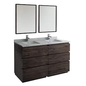 Formosa 60 in. Modern Double Vanity in Warm Gray with Quartz Stone Vanity Top in White with White Basins and Mirrors