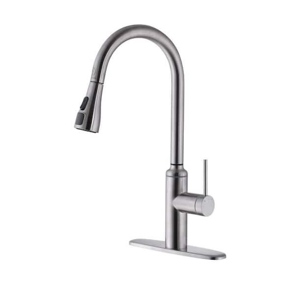1-Handle 19 in. H Pull Down Sprayer Kitchen Faucet 2-Spray Stainless Steel Fixed Sink Faucet w Digital Display in Silver