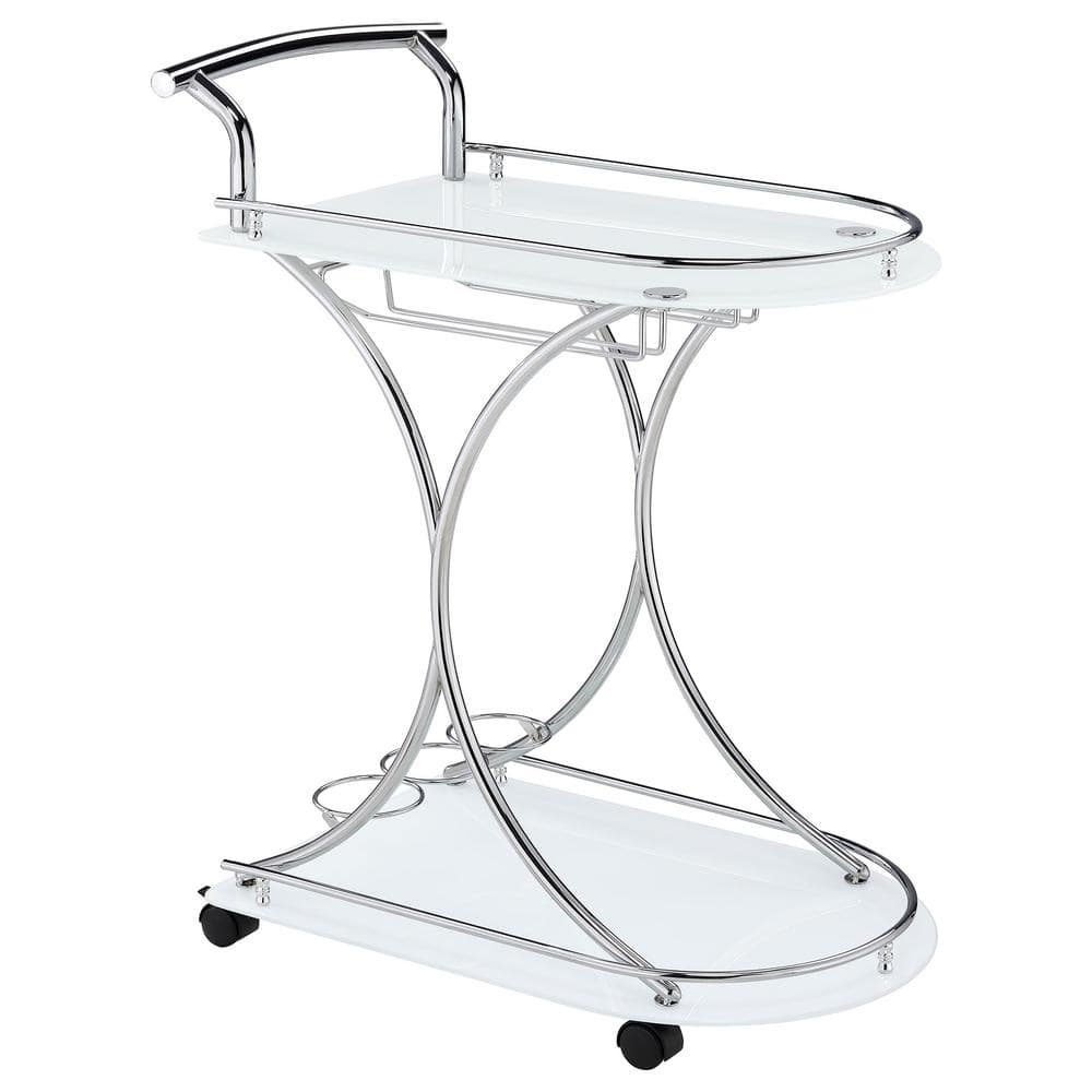 Chrome and White Glass Contemporary Serving Cart with Stemware Rack