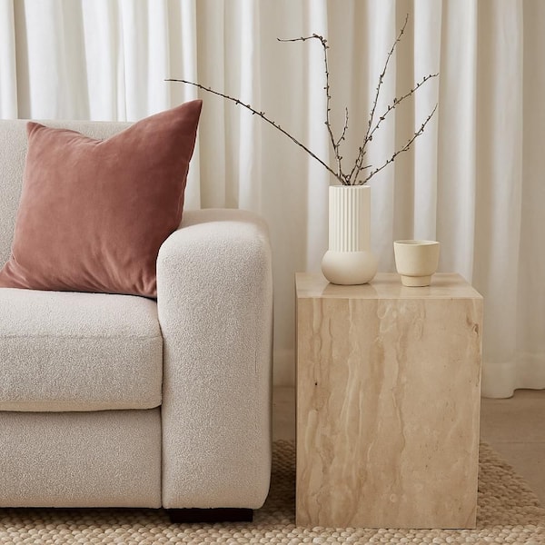 Rey 15 in. Natural Beige Square Marble Side End Table with Pedestal Base