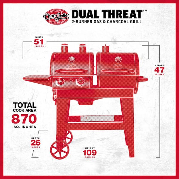 Dual Threat 2-Burner Gas and Charcoal Grill with Adjustable Fire Grate, Side Fire Box, and Electric Ignition - Black