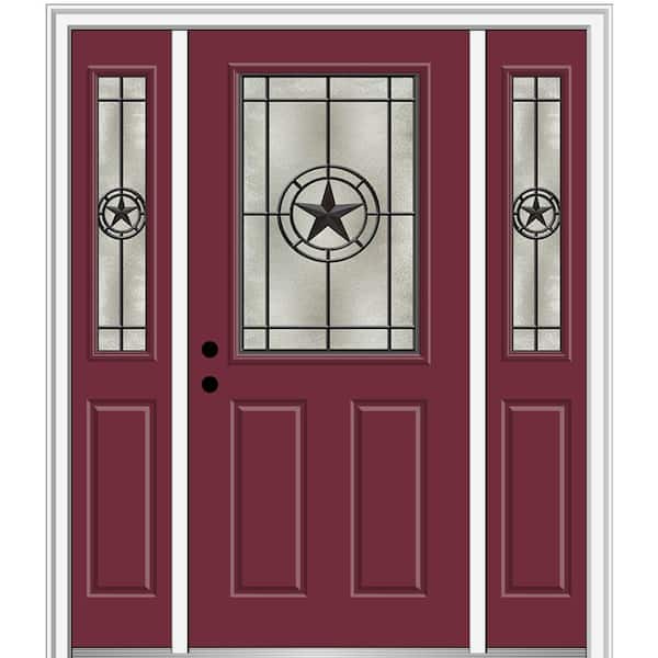 MMI Door Elegant Star 64.5 in. x 81.75 in. 1/2 Lite Decorative Glass Burgundy Painted Fiberglass Prehung Front Door