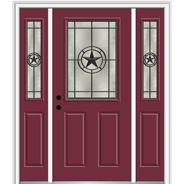 MMI Door Elegant Star 68.5 in. x 81.75 in. 1/2 Lite Decorative Glass Burgundy Painted Fiberglass Prehung Front Door