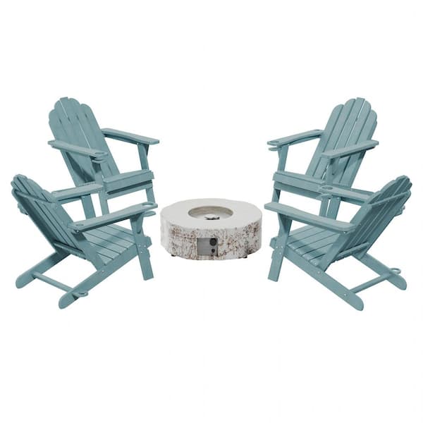 Clihome 5-Piece Set Outdoor Adirondack HDPE Material Plastic Teal Chair with 28 in. Composite Material Patio Fire Pit Table