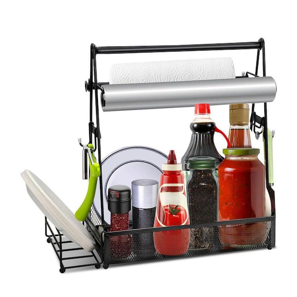 Metal BBQ Grill Caddy with Paper Towel Holder and Side Hooks in Black