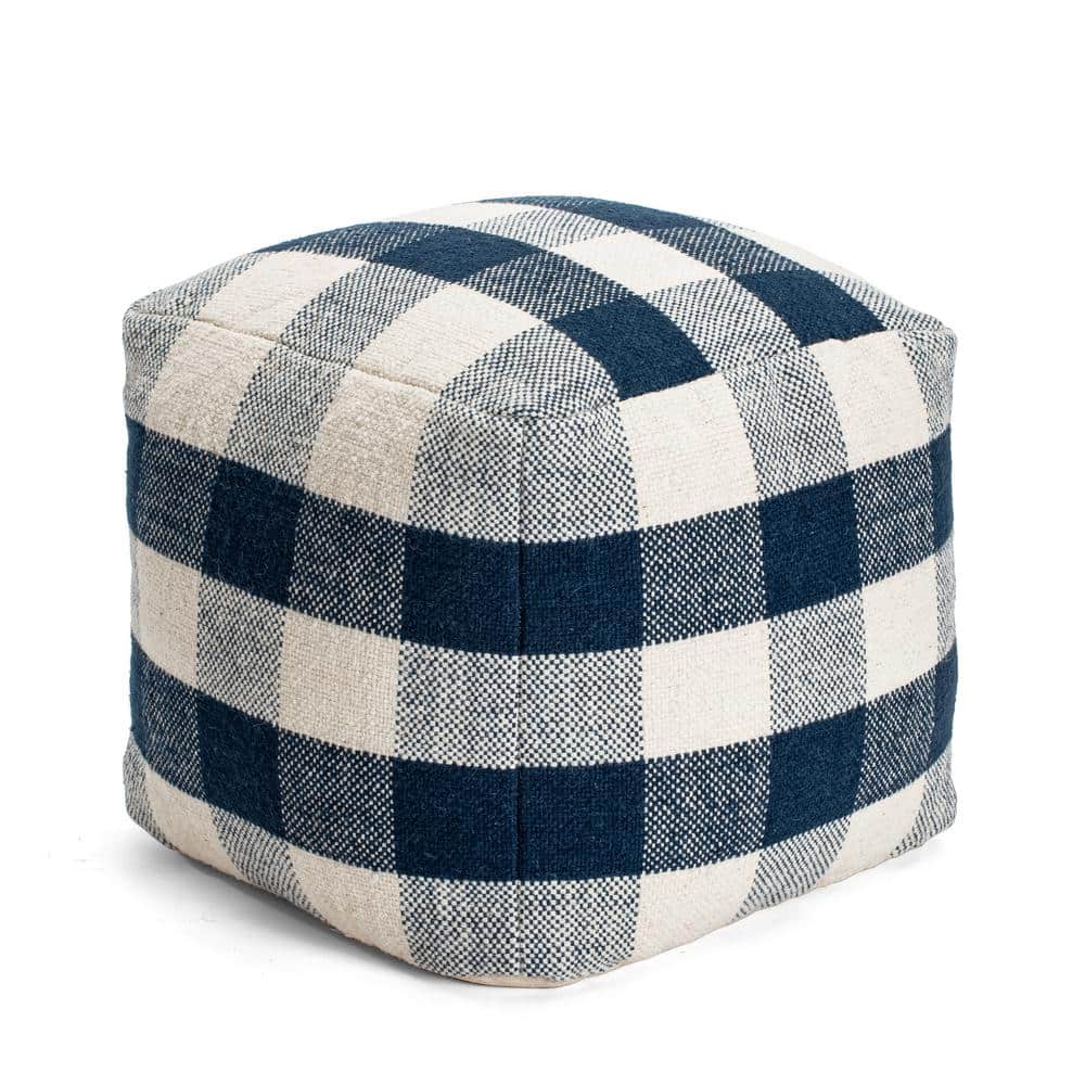 Midnight Blue and Ivory Square Wool-Cotton Blend Pouf