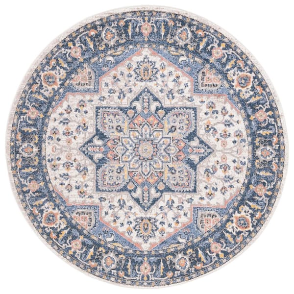 Astoria 7 ft. x 7 ft. Blue/Rust Border Medallion Round Area Rug