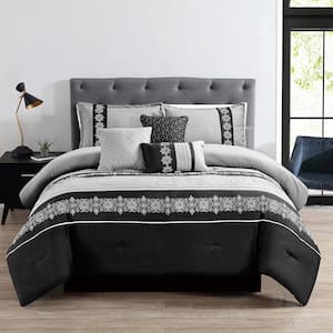 7 Piece Grey and Black King Microfiber Comforter Set