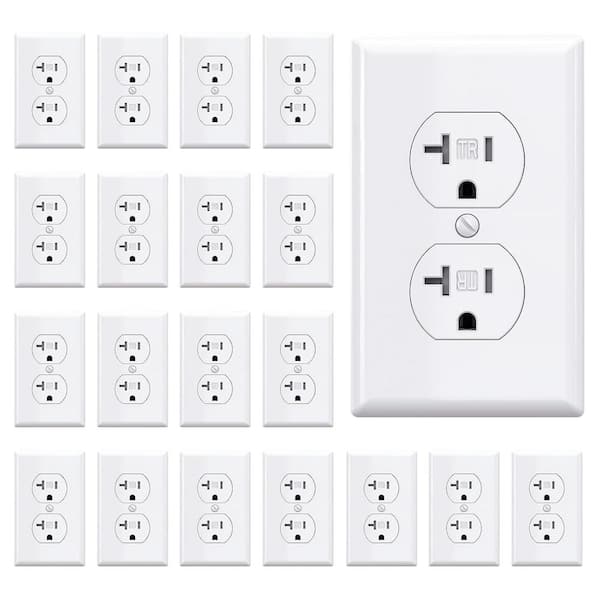 Lukyamzn 20A Duplex Electrical Receptacle Outlet with Self-Grounding, Wall Plate Included, UL Listed in White - (20-Pack)