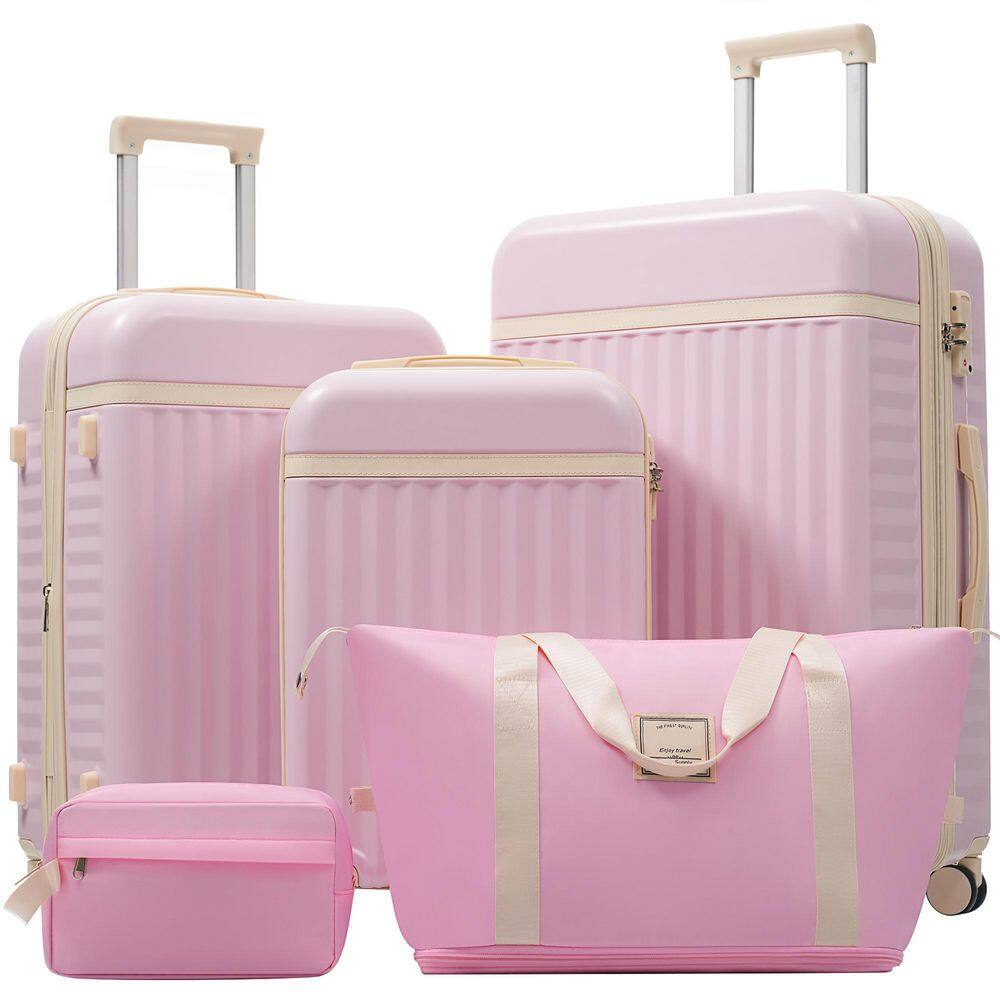 5 Bags 5-Piece Pink Expandable ABS Hardshell Luggage Set with Duffel Bag, Toiletry Bag, TSA Lock