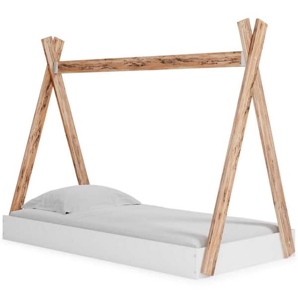 Benjara White and Brown Wooden Frame Twin Platform Bed with a Frame Tent Stand