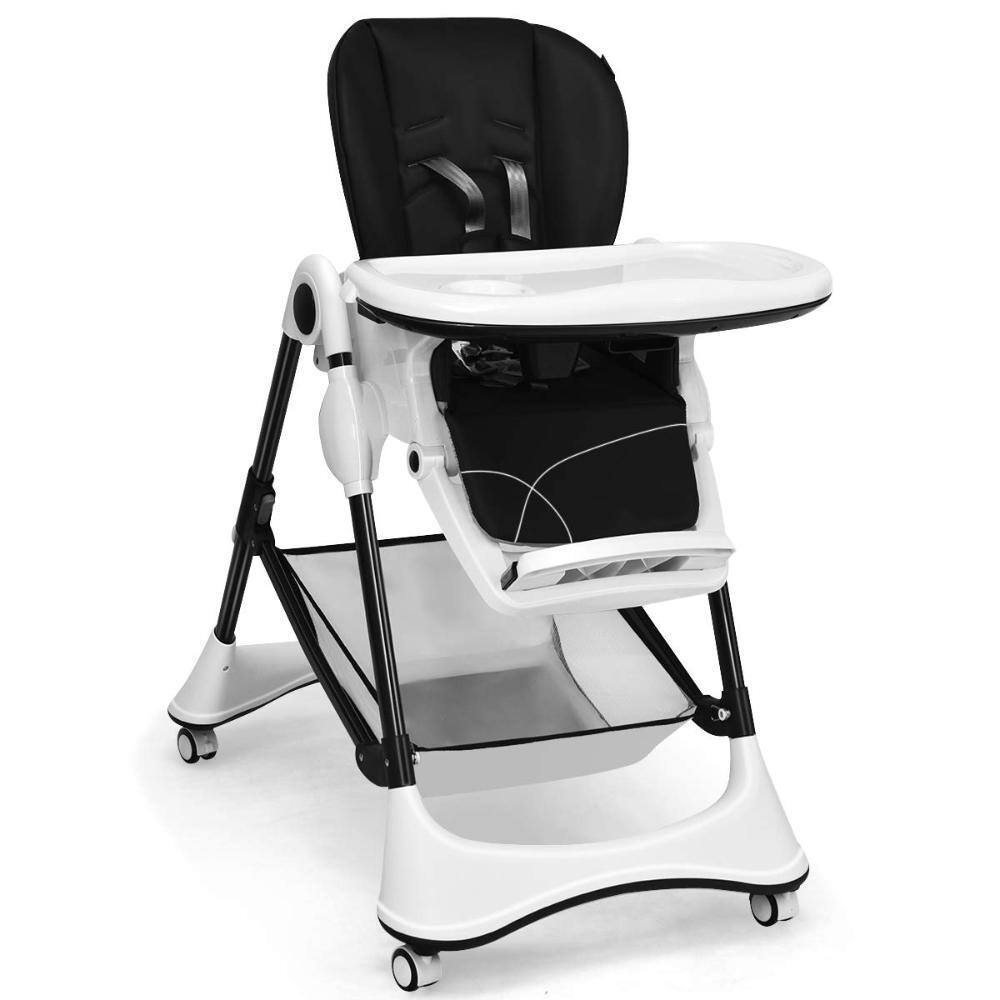 A-Shape Baby High Chair with 4 Lockable 360 Wheels, 7-Height Lift and 5-Point Safety Harness