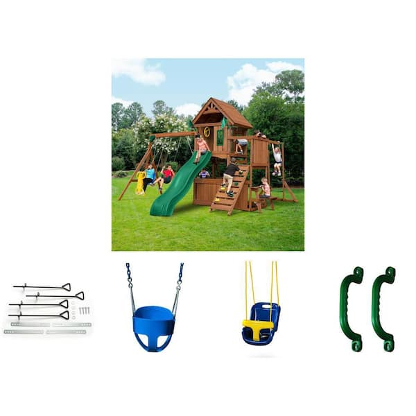 Blue Infant Swing, Green Safety Handles (2-Set), Blue Full-Bucket Swing, Playground Set, and Anchor Kit