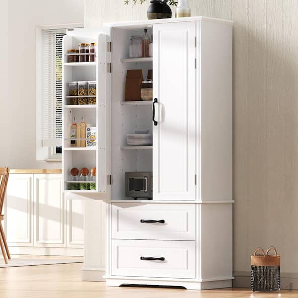 Freestanding White 71 in. H Tall Kitchen Pantry Cabinet Storage Cabinet with Door Shelves and 2 Drawers