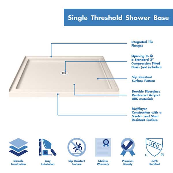 SlimLine 48 in. x 36 in. Single Threshold Alcove Shower Pan Base in Biscuit with Center Drain