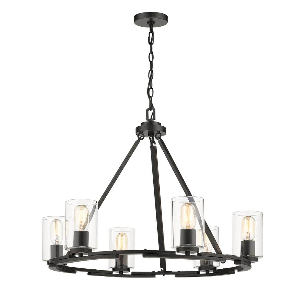 Transitional Matte Black Steel Cage Chandelier with Clear Glass Shades