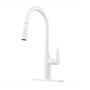 Single Handle Pull-Down Sprayer Kitchen Faucet with Deckplate in Matte White
