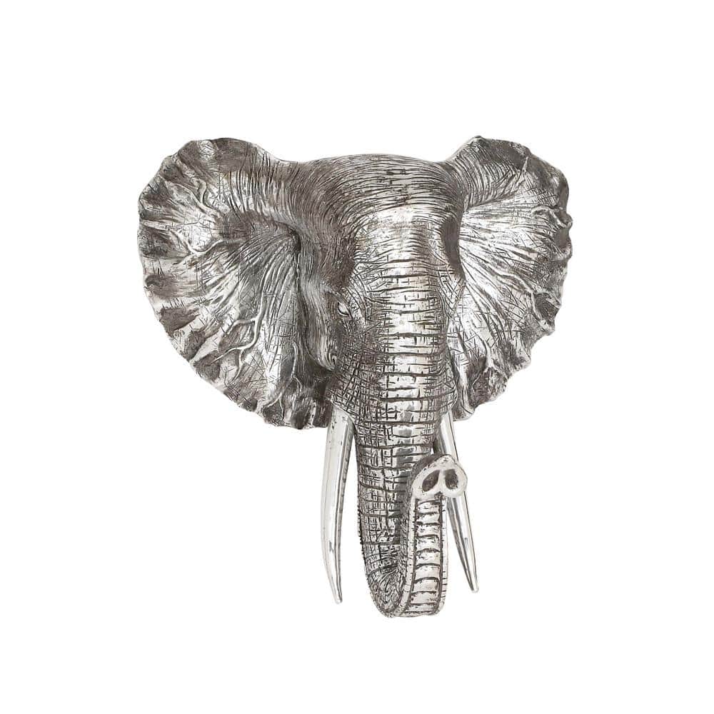 Silver Polystone Elephant Head Wall Sculpture with Tusks