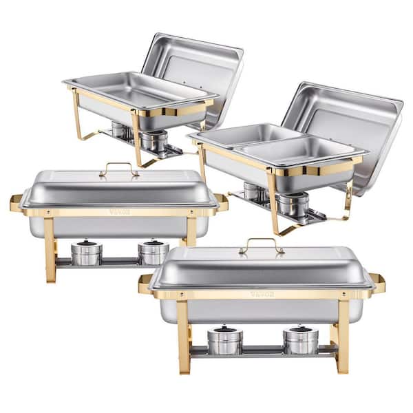 Chafing Dish Buffet Set, 8 Qt. 4 Pack, Stainless Steel Chafer with 2 Full Size and 4 Half Size Pans, Rectangle, Gold