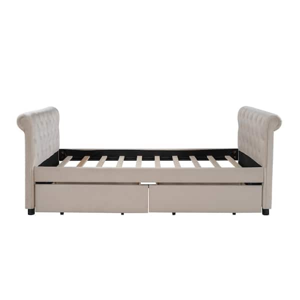 wetiny Beige Twin Size Upholstered Daybed with Drawers Wood Slat Support
