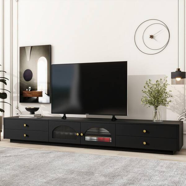 Polibi Black TV Stand Fits TV's up to 90 in. with Fluted Glass Doors, Media  Console and Storage RS-TV90GDMC-BK - The Home Depot