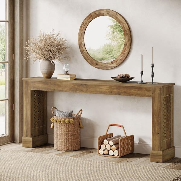 BYBLIGHT 63 in. Rustic Brown Rectangle Engineered Wood Console Table for Entryway, Behind Couch with Retro Hollow Pattern Legs