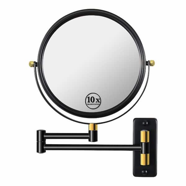 8 in. W x 12 in. H Round 1X/10X and Extension Arm and 360° Swivel Wall Mounted Bathroom Makeup Mirror in Black and Gold