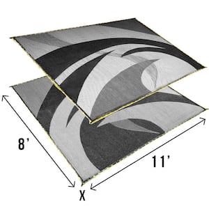 Swirl Pattern LED Illuminated Black/White Patio/RV Reversible Floor Mat- 8' x 11'