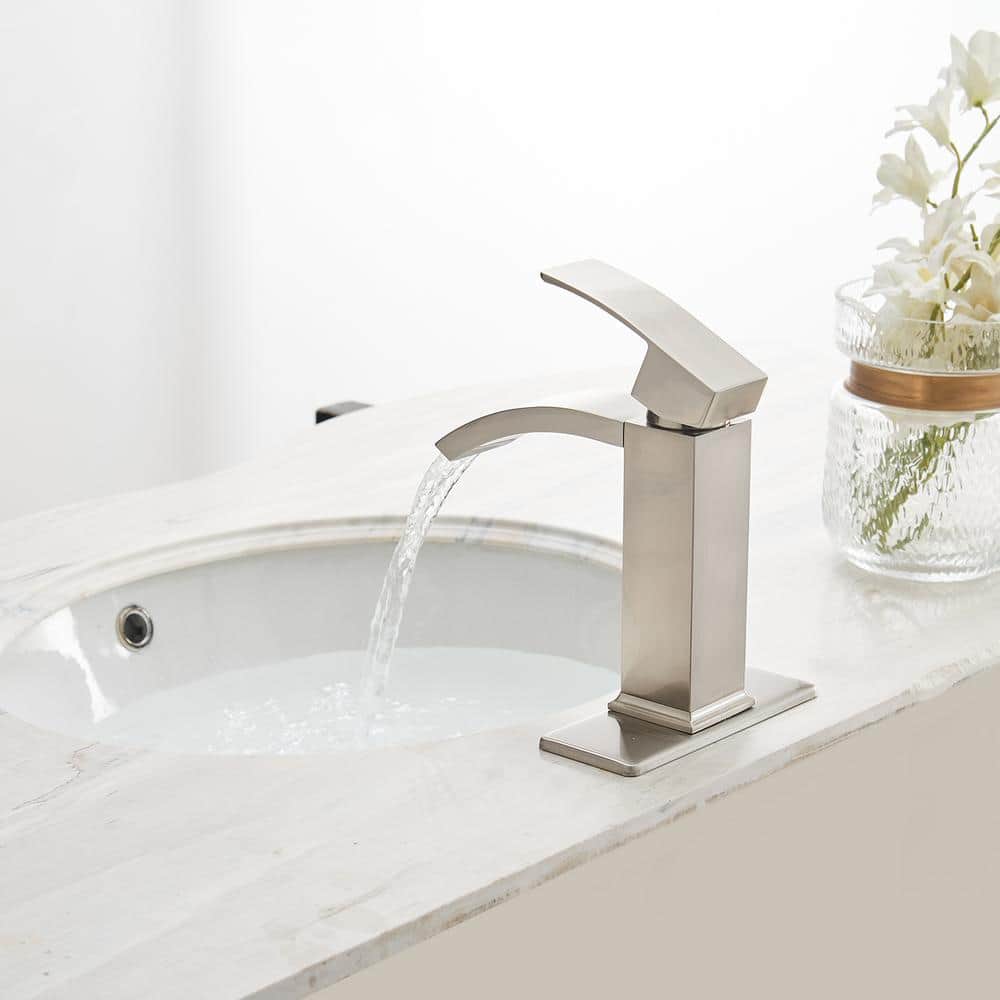 Brushed Nickel Single-Handle Waterfall Bathroom Faucet with Drain