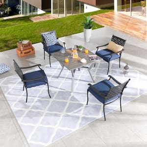 5-Piece Metal Square Outdoor Dining Set with Blue Cushions