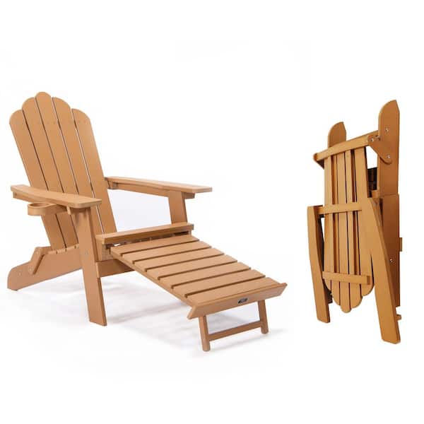 Tenleaf Ergonomic Fan-Back Design Brown Oversized Folding Composite Adirondack Chairs with Pullout Ottoman and Cup Holder