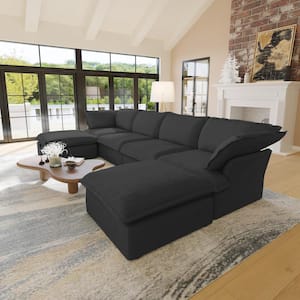 163 in. W Flared Arm Linen 6-piece Free combination Modular Sectional Sofa with Ottoman in. Black