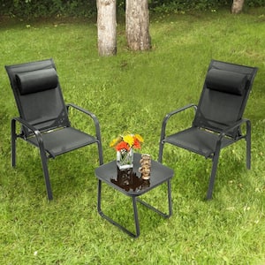 3-Piece Stackable Metal Outdoor Bistro Conversation Set with Coffee Table and Adjustable Backrest, Black