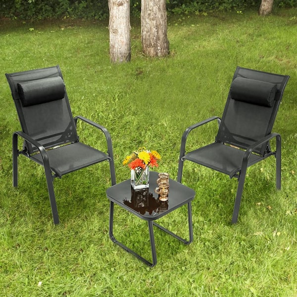 Gtnali 3-Piece Stackable Metal Outdoor Bistro Conversation Set with Coffee Table and Adjustable Backrest, Black