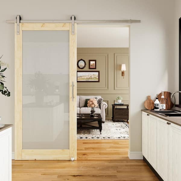 ARK DESIGN 36 in. x 80 in. 1-Lite Frosted Glass Unfinished Solid Pine Wood Sliding Barn Door with Hardware Kit Nickel Plated